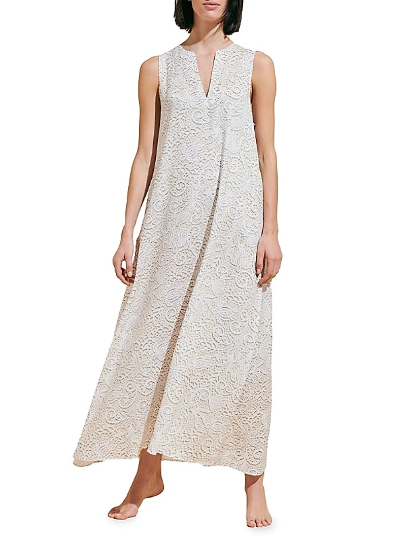 Split-Neck Lace-Print Maxi Dress