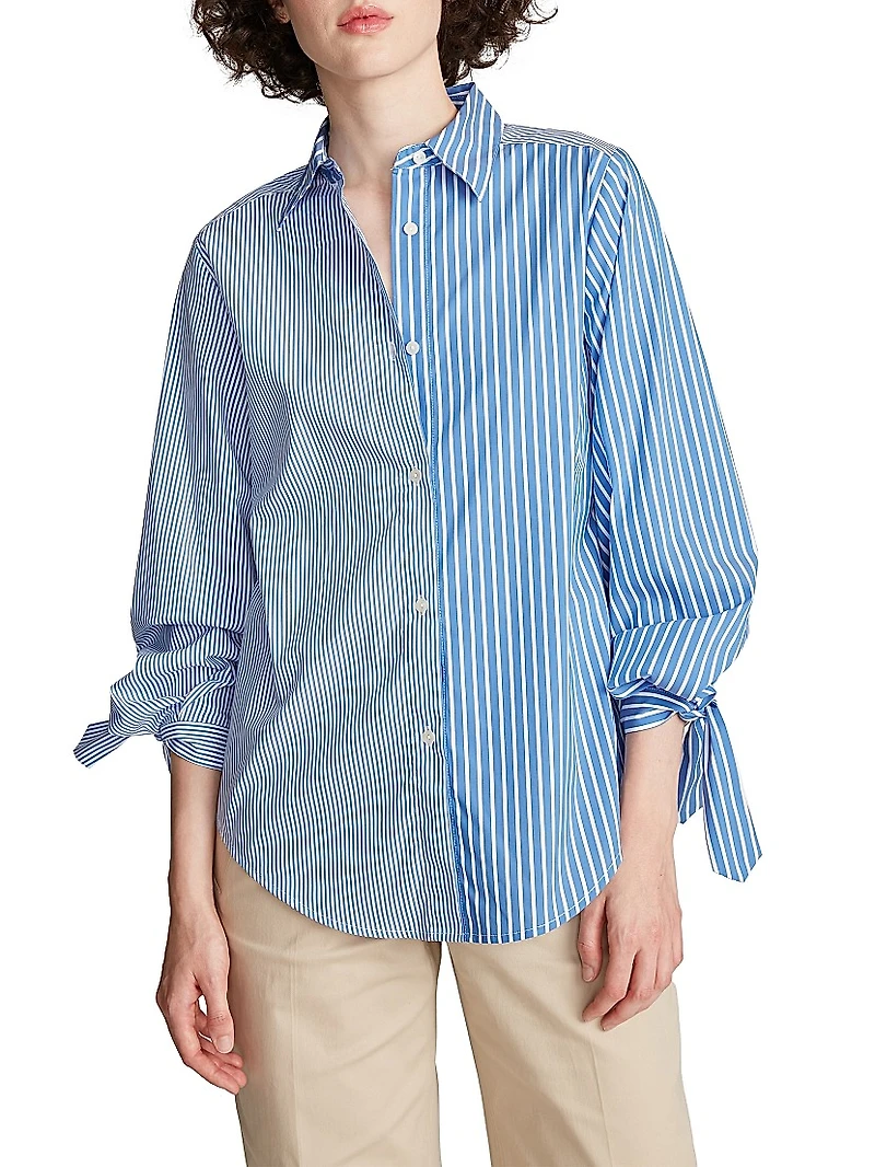 Gen Striped Tie-Cuff Blouse