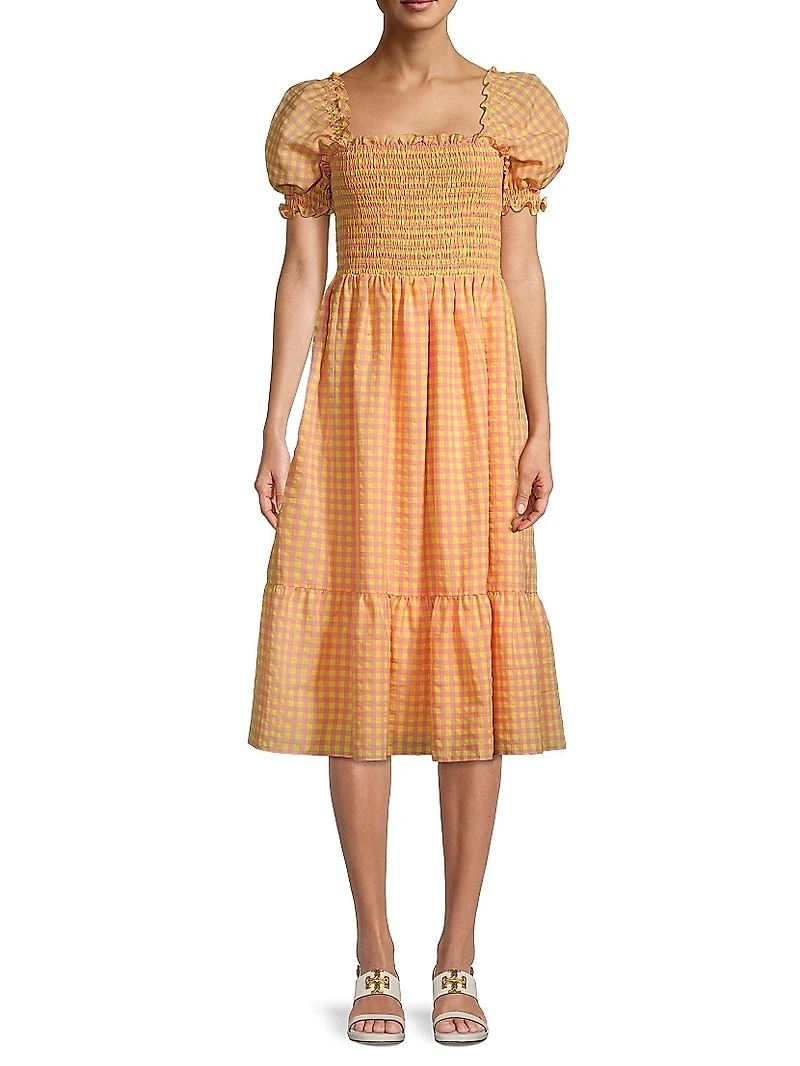 Smocked Gingham-Printed Midi-Dress