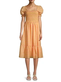 Smocked Gingham-Printed Midi-Dress