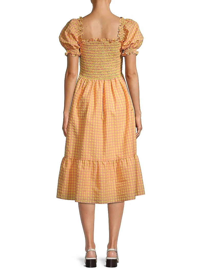 Smocked Gingham-Printed Midi-Dress