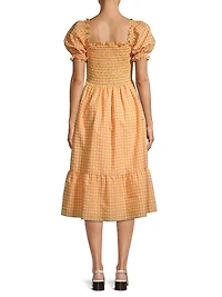 Smocked Gingham-Printed Midi-Dress