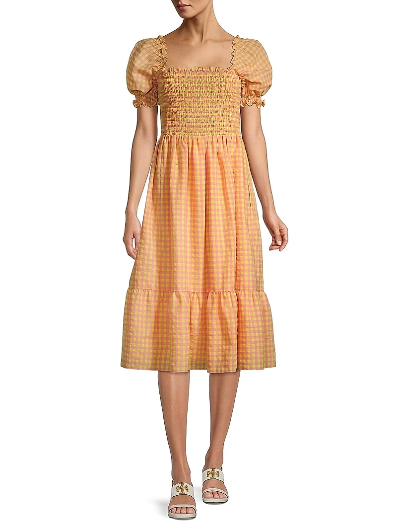 Smocked Gingham-Printed Midi-Dress