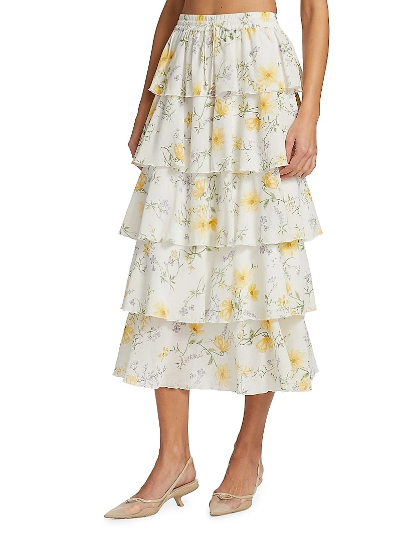 Adaline Floral-Printed Tiered Midi Skirt