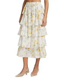 Adaline Floral-Printed Tiered Midi Skirt