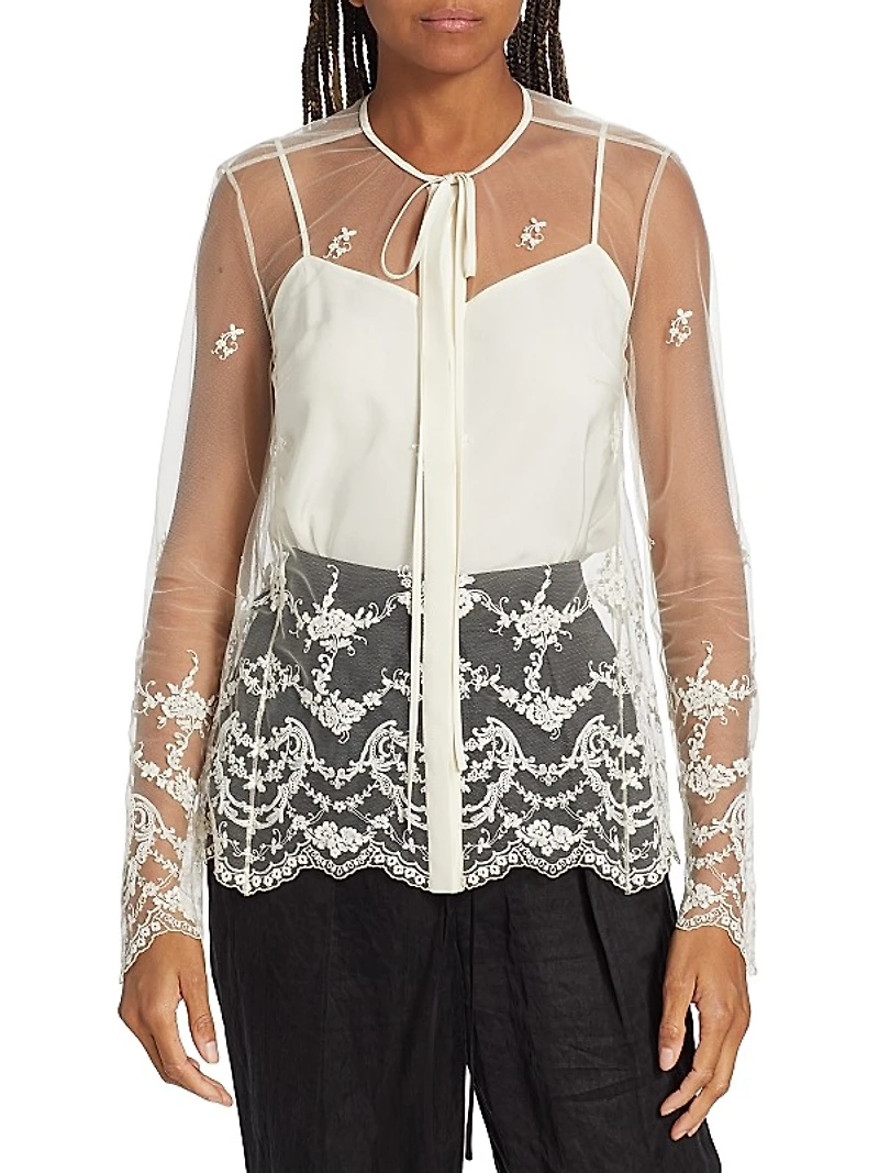 Embroidered Tulle Tieneck Blouse
