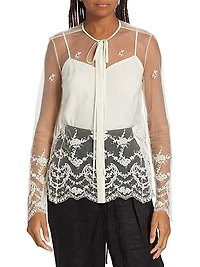 Embroidered Tulle Tieneck Blouse