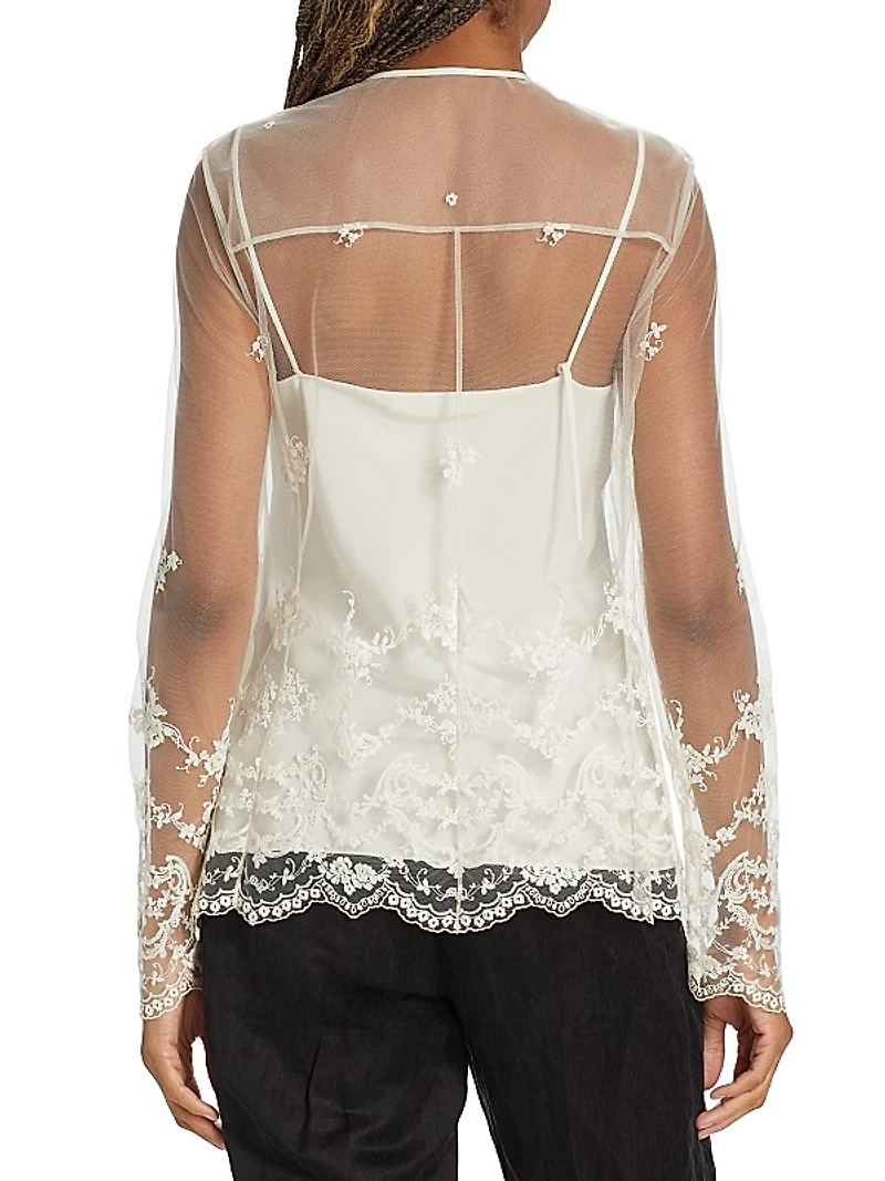 Embroidered Tulle Tieneck Blouse