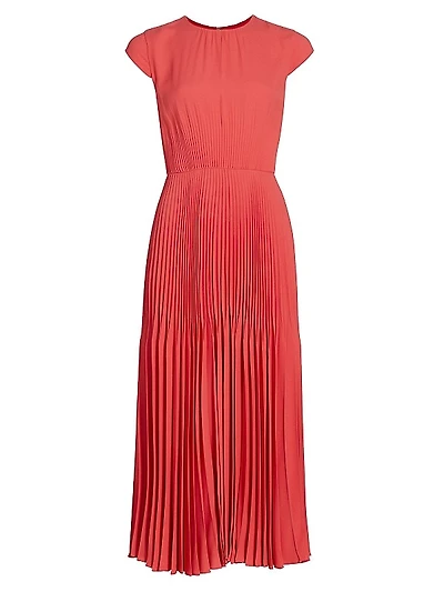 Pleated Cap-Sleeve Midi-Dress