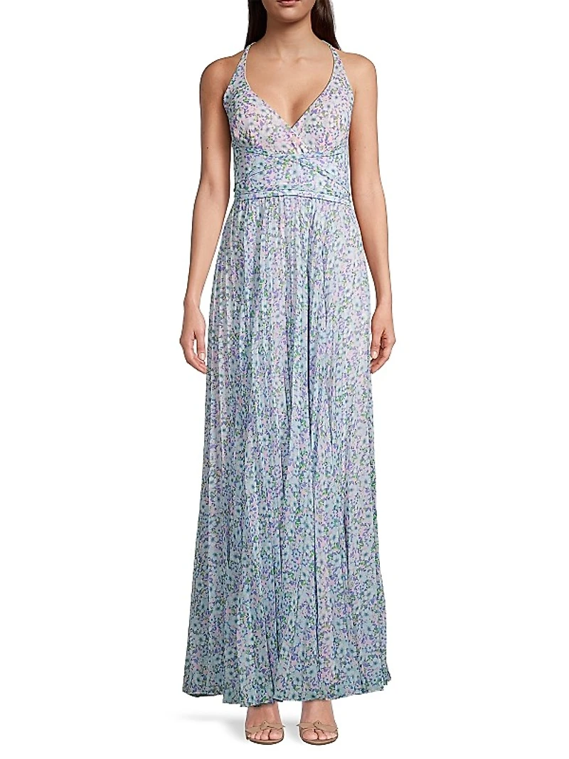 Floral Pleated Chiffon Maxi Dress