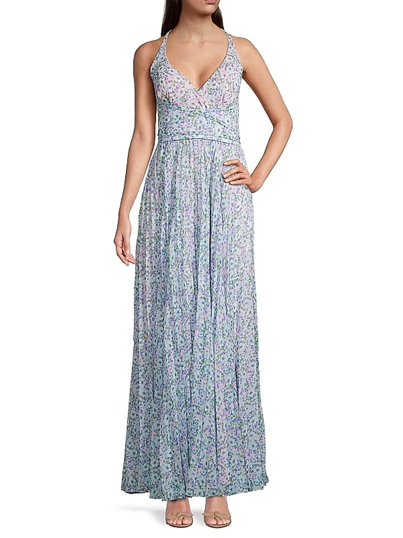 Floral Pleated Chiffon Maxi Dress