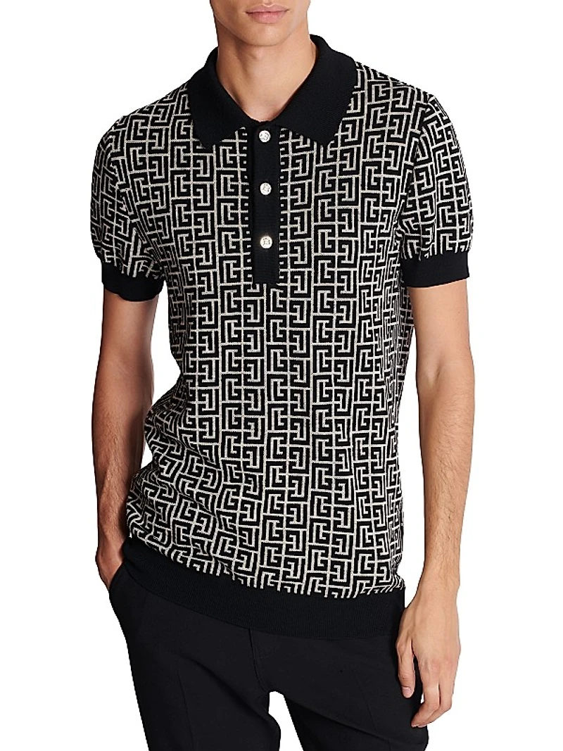 Monogram Wool & Linen-Blend Polo Shirt
