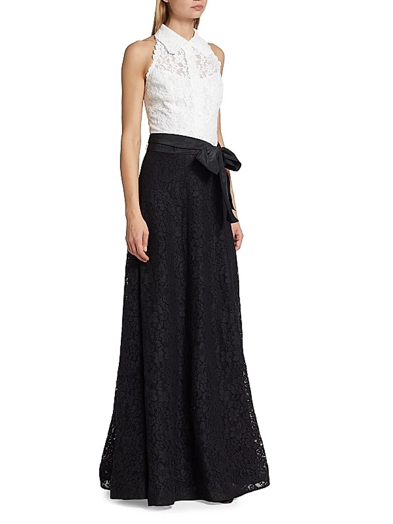 Collared Colorblocked Lace Gown