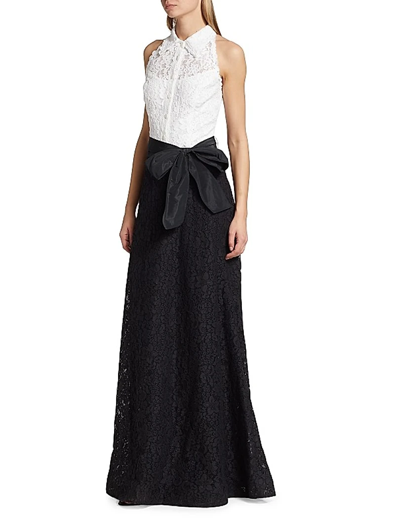Collared Colorblocked Lace Gown