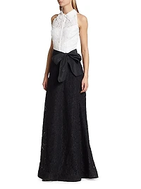 Collared Colorblocked Lace Gown