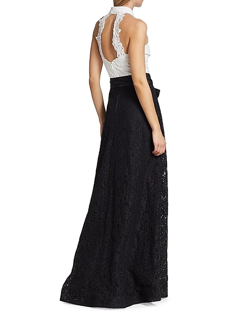 Collared Colorblocked Lace Gown