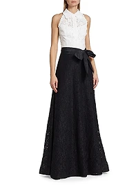 Collared Colorblocked Lace Gown