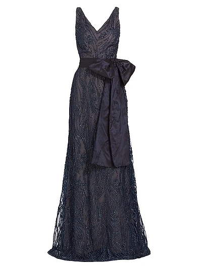 V-Neck Beaded Bow Gown