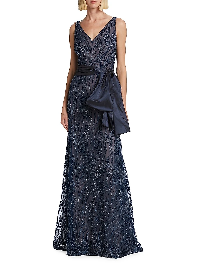 V-Neck Beaded Bow Gown