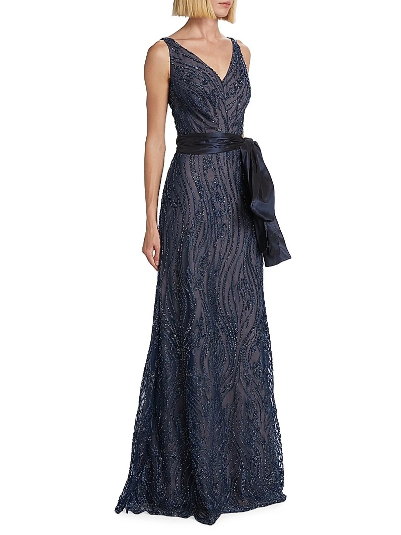 V-Neck Beaded Bow Gown