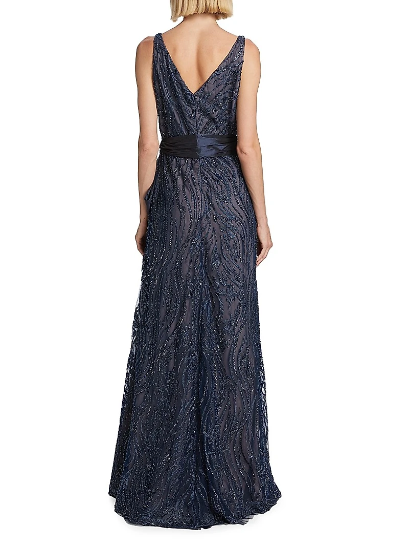 V-Neck Beaded Bow Gown