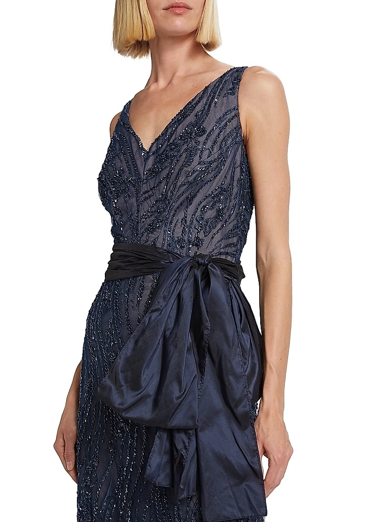 V-Neck Beaded Bow Gown