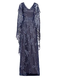 V-Neck Lace Cape Gown