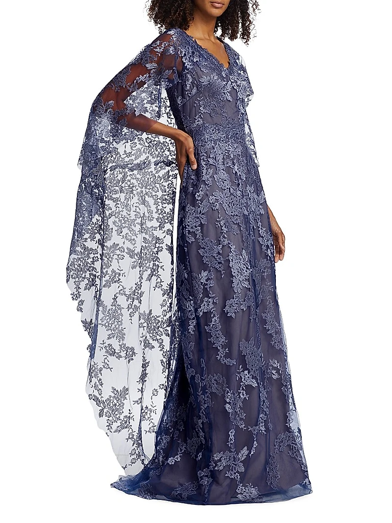 V-Neck Lace Cape Gown