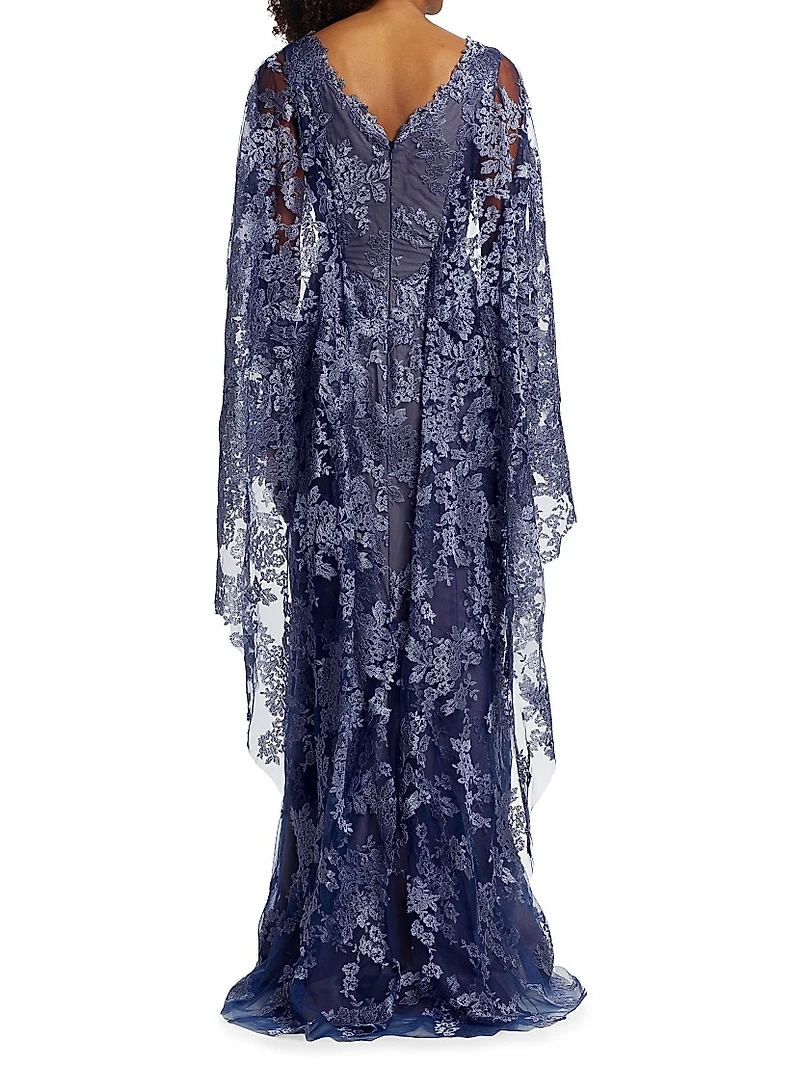 V-Neck Lace Cape Gown