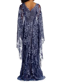 V-Neck Lace Cape Gown