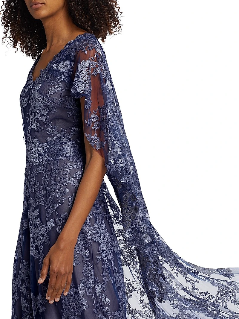 V-Neck Lace Cape Gown