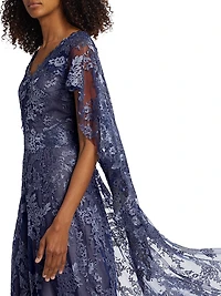 V-Neck Lace Cape Gown