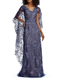 V-Neck Lace Cape Gown