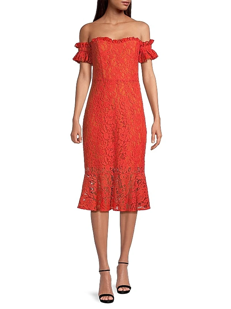 Off-The-Shoulder Lace Midi-Dress