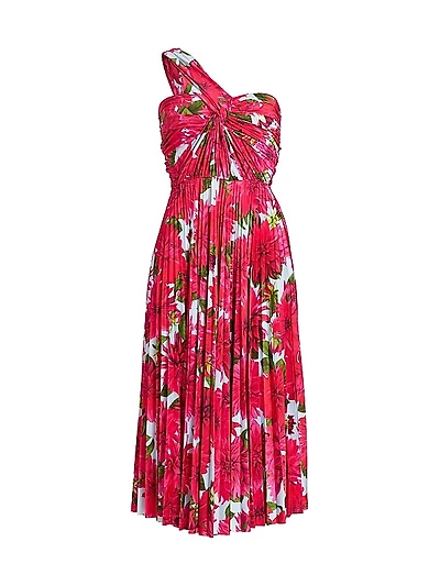 One-Shoulder Dahlia-Print Midi-Dress