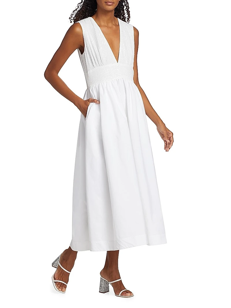 Mixed Media V- Neck Midi-Dress