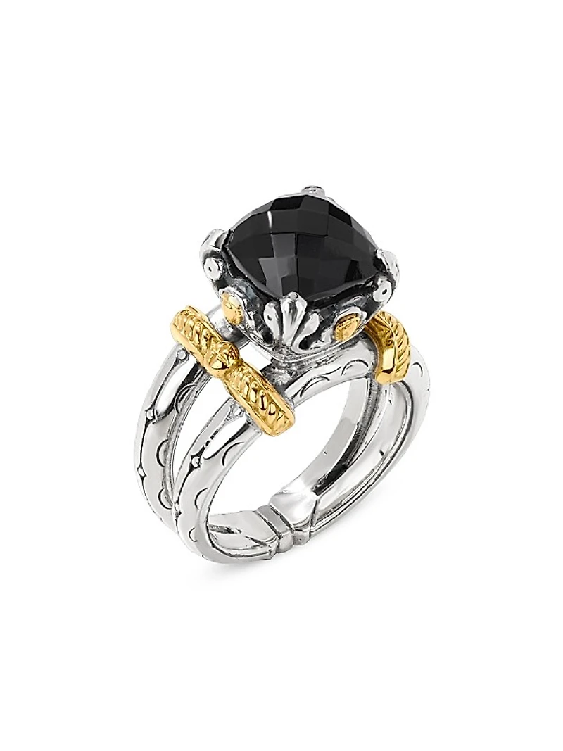 Anthos Dual Ray Sterling Silver, 18K Yellow Gold & Black Onyx Solitaire Ring