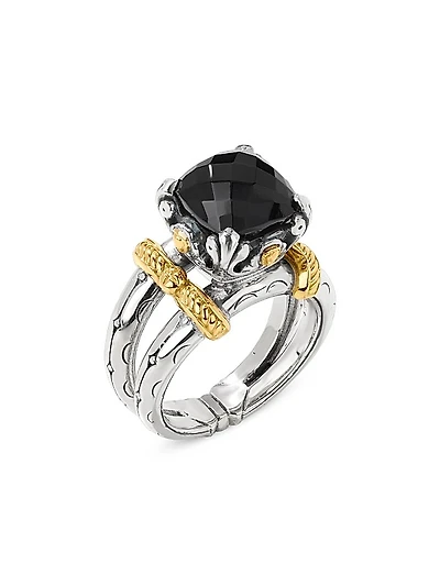 Anthos Dual Ray Sterling Silver, 18K Yellow Gold & Black Onyx Solitaire Ring