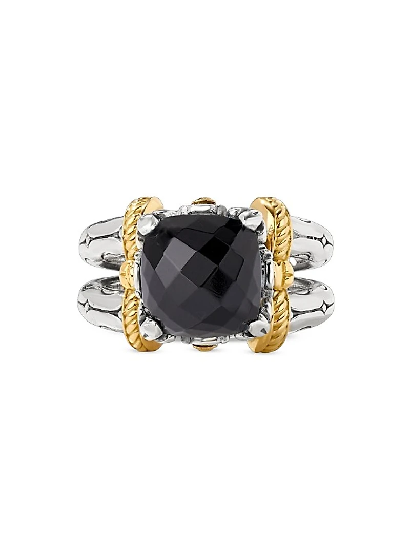 Anthos Dual Ray Sterling Silver, 18K Yellow Gold & Black Onyx Solitaire Ring