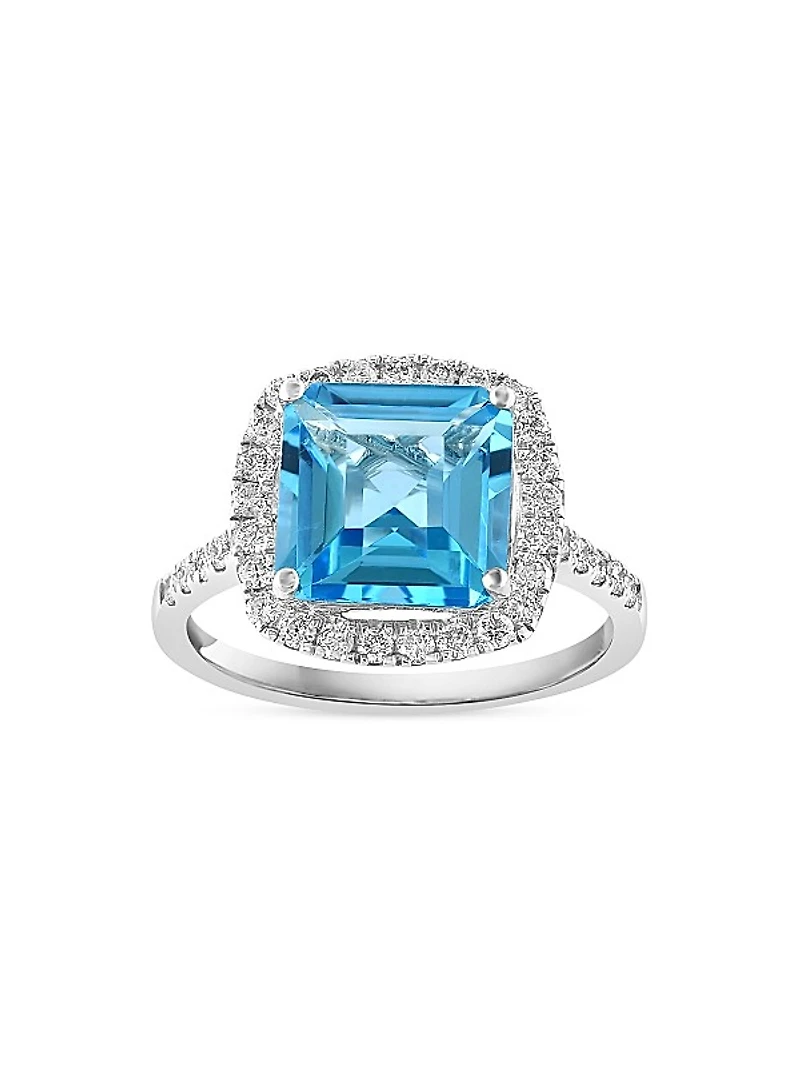 14K White Gold, Blue Topaz & 0.45 TCW Diamond Halo Ring