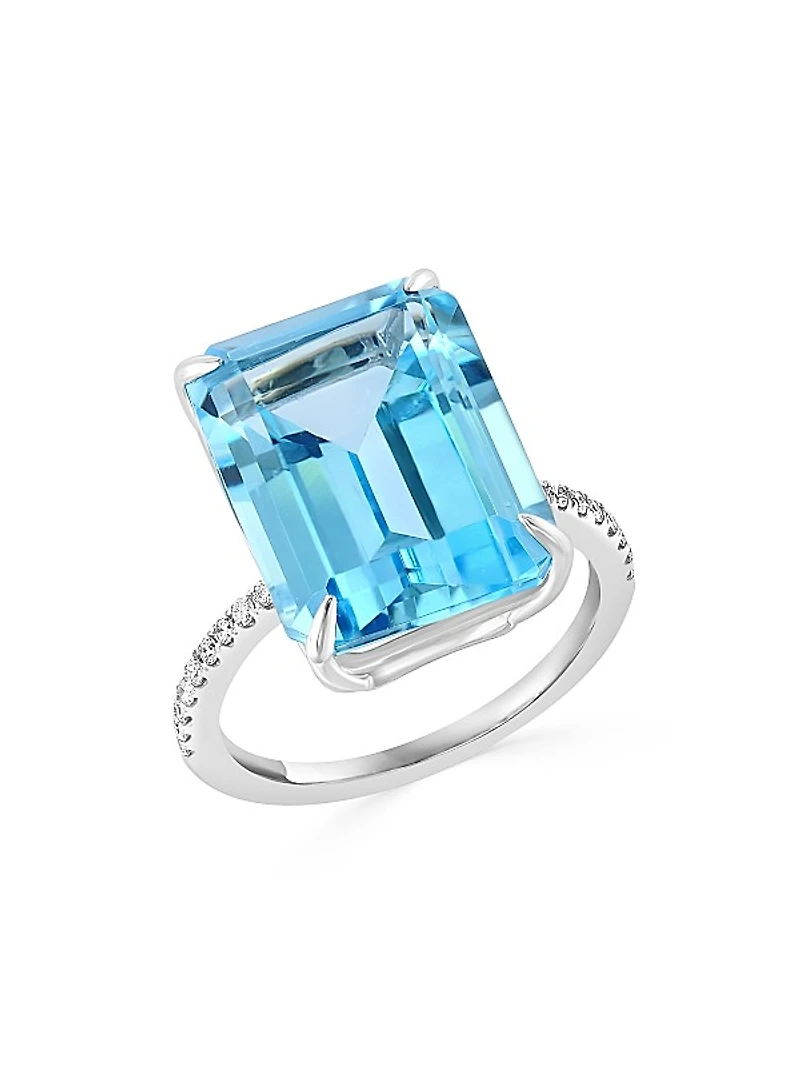 14K White Gold, Blue Topaz & 0.13 TCW Diamond Ring