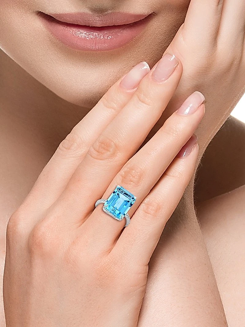 14K White Gold, Blue Topaz & 0.13 TCW Diamond Ring
