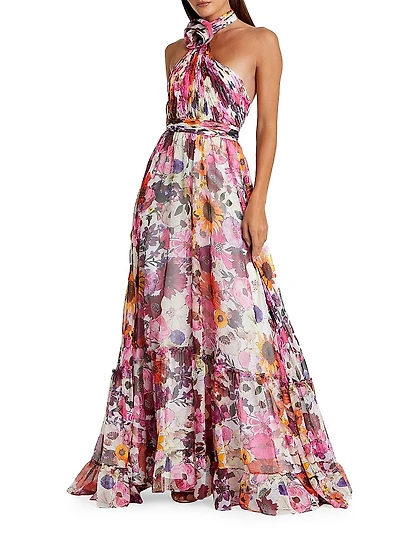 Rosette Halterneck Floral Gown