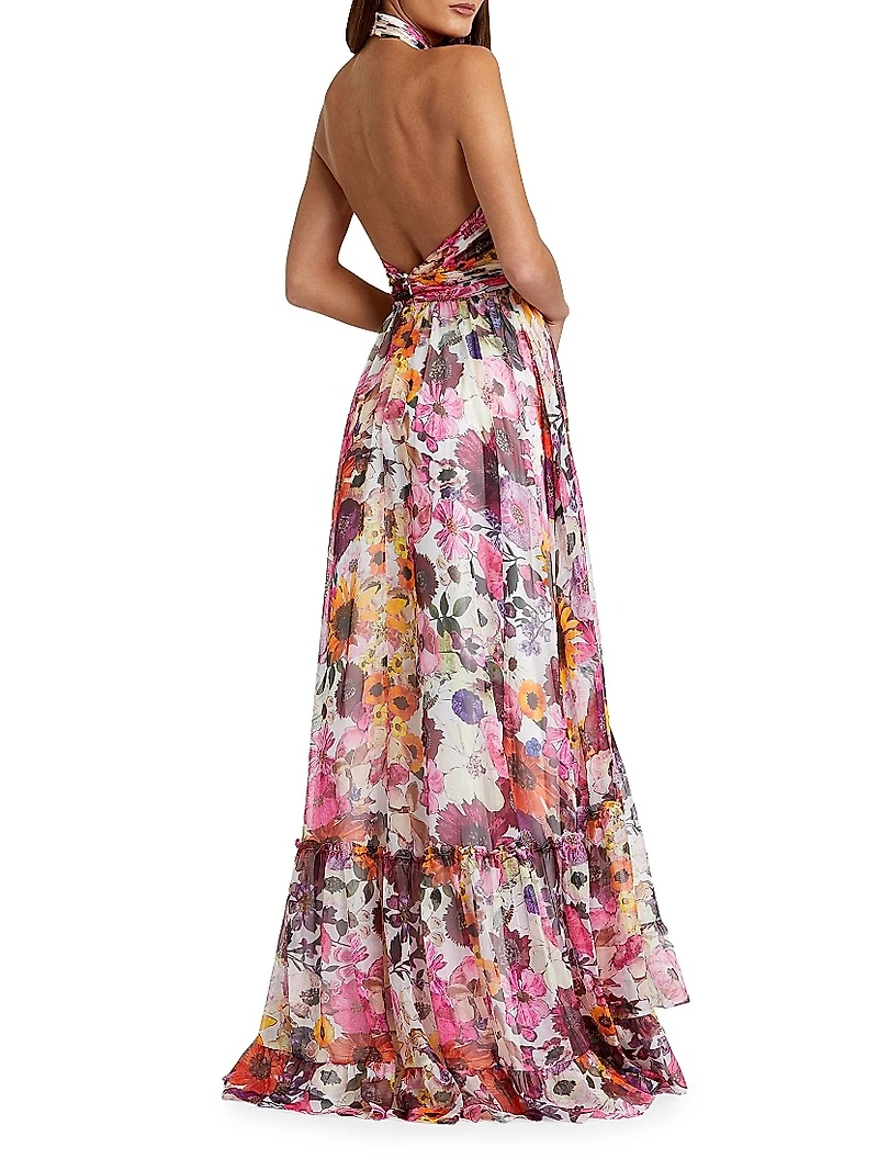 Rosette Halterneck Floral Gown