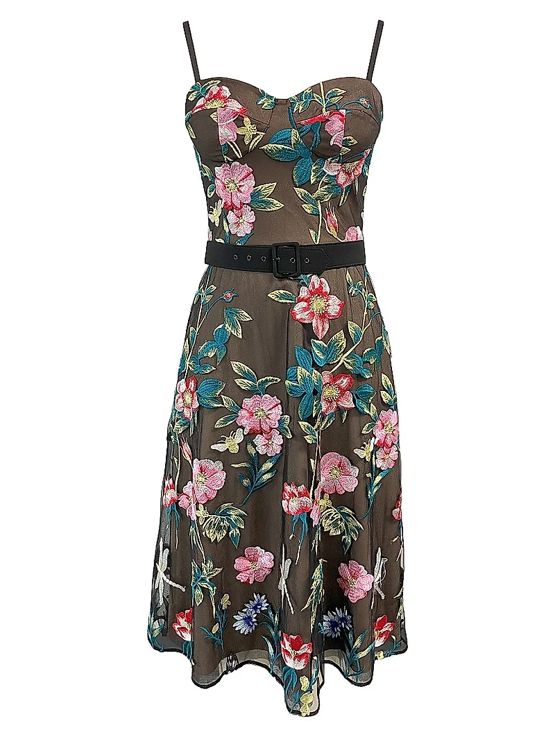 Carlita Belted Embroidered Midi-Dress