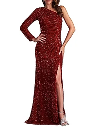 Ruched Sequined One-Sleeve Gown