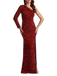 Ruched Sequined One-Sleeve Gown