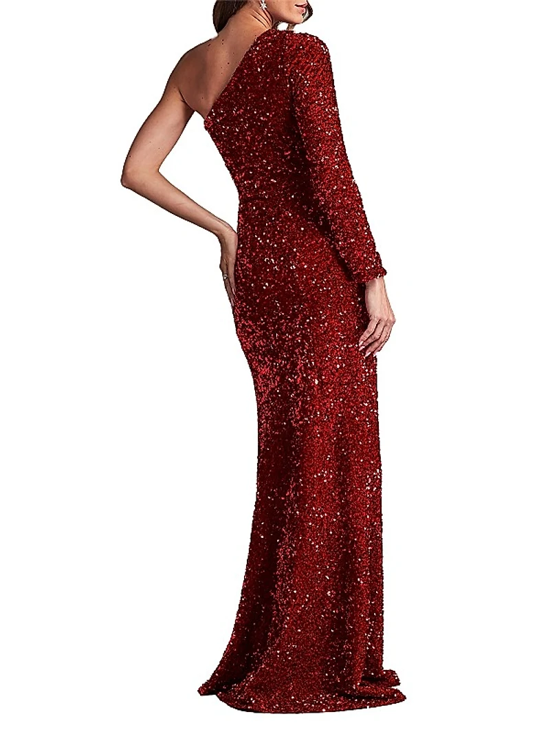 Ruched Sequined One-Sleeve Gown