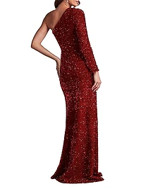 Ruched Sequined One-Sleeve Gown