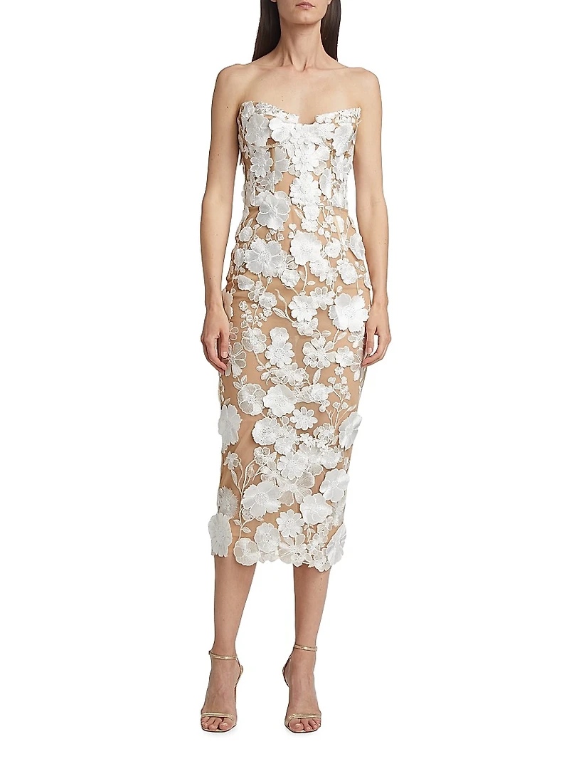 Jasmine 3D Floral Strapless Midi-Dress